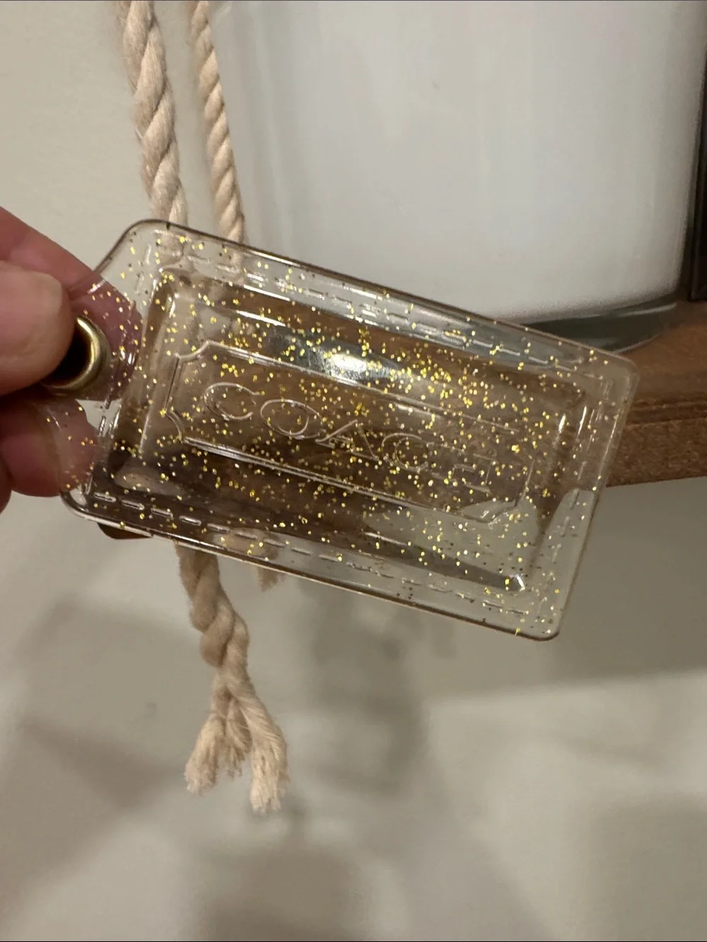 Coach Poppy Clear hangTag Keychain with Gold Glitter